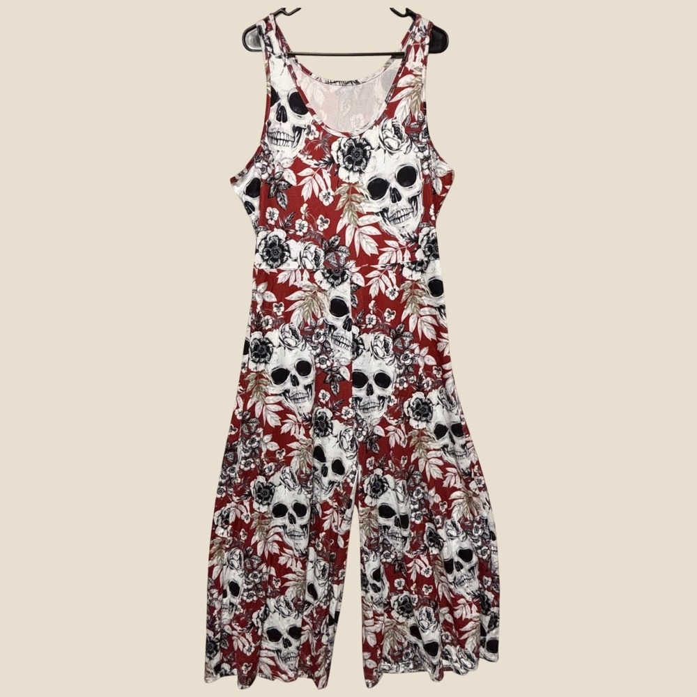 Red White Skull & Roses Jumpsuit XXL Soft Wide Leg Jumpsuit Sleeveless Halloween
